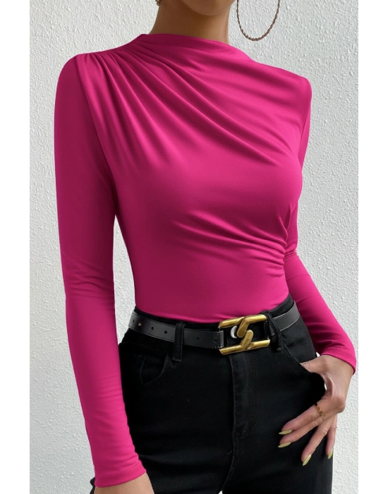 Kadın Fuşya Belden ve Boyundan Büzgü Detaylı Uzun Kollu Bluz
