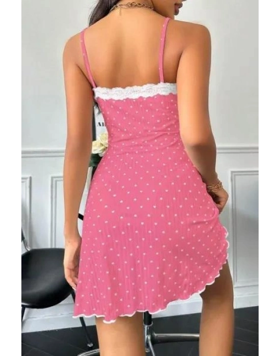 Kadın Fuşya Beyaz Kalp Desenli Askılı Dantel Detaylı Elbise 5069