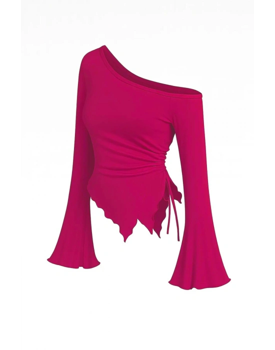 Kadın Fuşya Uzun İspanyol Kollu Asimetirik Yaka Yandan Bağlamalı Drapeli Bluz