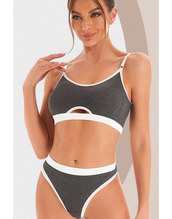 Kadın Gri Antrasit Kaşkorse ve Beyaz Lastikli Cut-Out Tanga Külotlu Takım