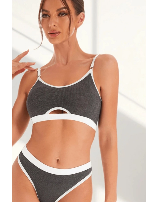 Kadın Gri Antrasit Kaşkorse ve Beyaz Lastikli Cut-Out Tanga Külotlu Takım