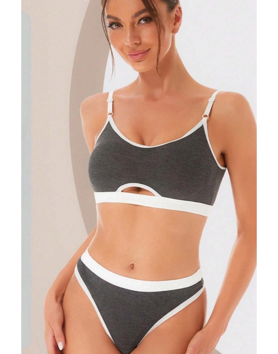 Kadın Gri Antrasit Kaşkorse ve Beyaz Lastikli Cut-Out Tanga Külotlu Takım