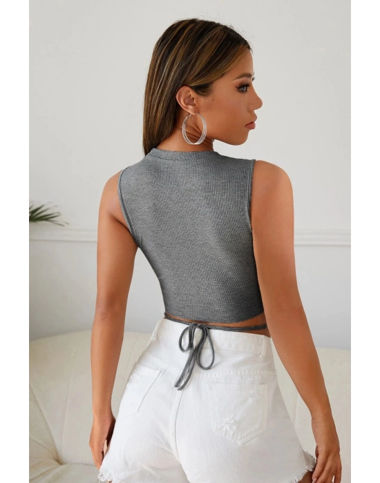Kadın Gri Çapraz Bağlamalı Crop Top Büstiyer