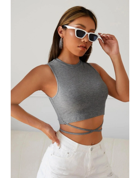 Kadın Gri Çapraz Bağlamalı Crop Top Büstiyer
