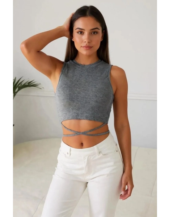 Kadın Gri Çapraz Bağlamalı Crop Top Büstiyer – Modern ve Şık Tasarım