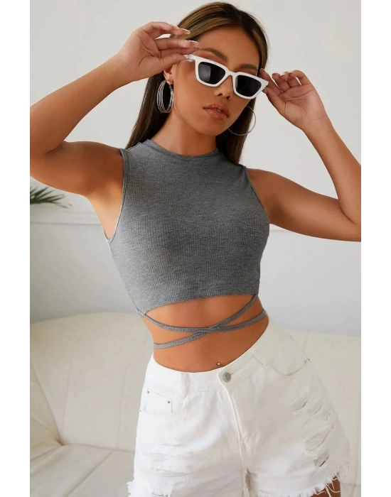 Kadın Gri Çapraz Bağlamalı Crop Top Büstiyer – Modern ve Şık Tasarım