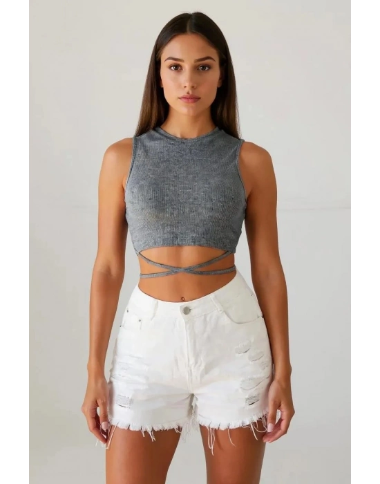 Kadın Gri Çapraz Bağlamalı Crop Top Büstiyer – Modern ve Şık Tasarım