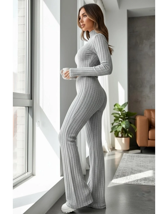 Kadın Gri Çizgili Boğazlı Crop Top ve Yüksek Bel Pantolon Takım