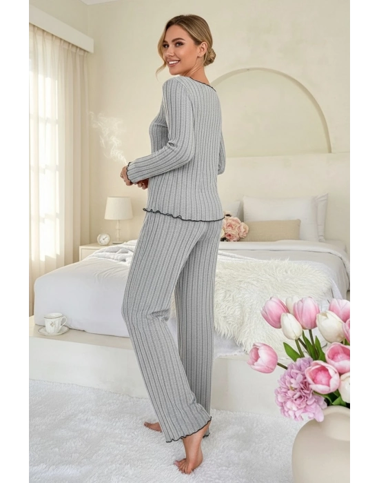 Kadın Gri Çizgili Uzun Kollu Fiyonk Detaylı Pijama Takımı Rahat Mevsimlik