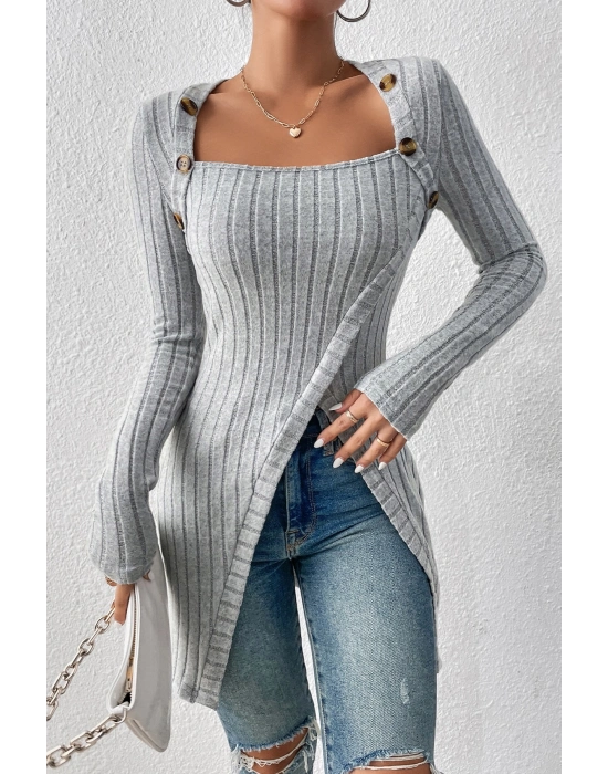 Kadın Gri Düğme Detaylı Kare Yaka Fitilli Asimetrik Etekli Uzun Kollu Bluz