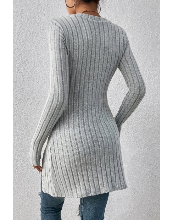 Kadın Gri Düğme Detaylı Kare Yaka Fitilli Asimetrik Etekli Uzun Kollu Bluz