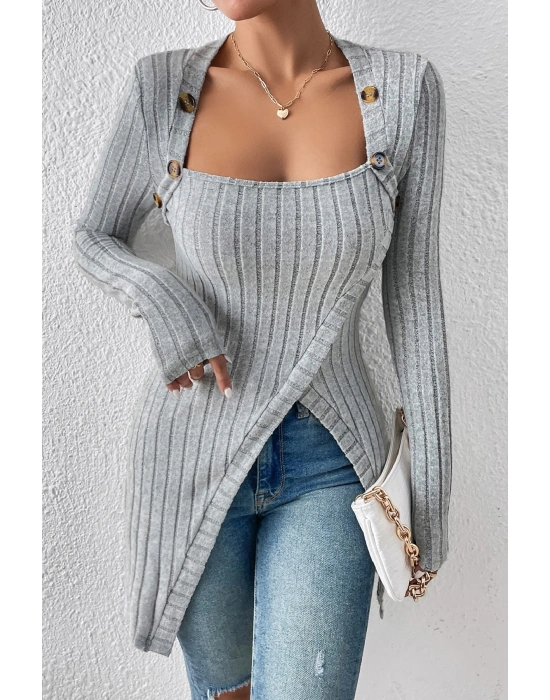 Kadın Gri Düğme Detaylı Kare Yaka Fitilli Asimetrik Etekli Uzun Kollu Bluz