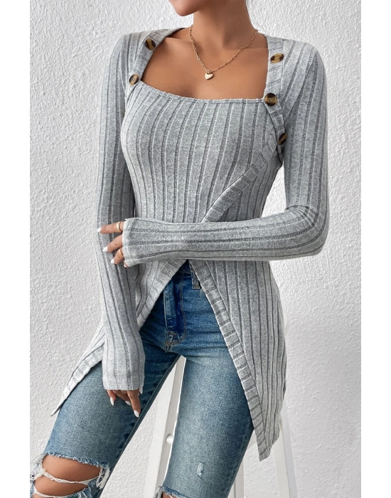 Kadın Gri Düğme Detaylı Kare Yaka Fitilli Asimetrik Etekli Uzun Kollu Bluz