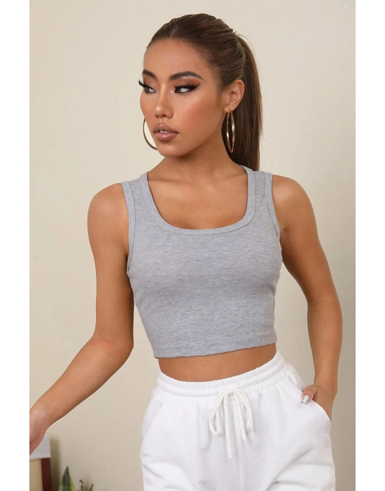 Kadın Gri Kare Yaka Crop Top Bluz