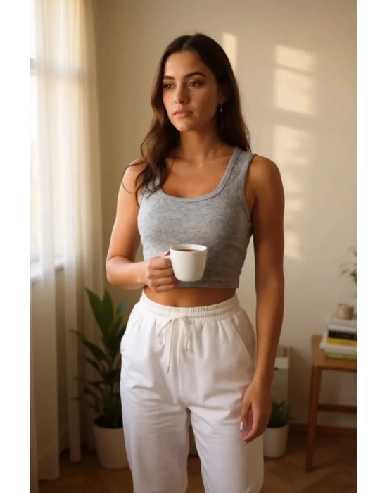 Kadın Gri Kare Yaka Crop Top Bluz – Şık, Rahat ve Kolay Kombinlenebilir
