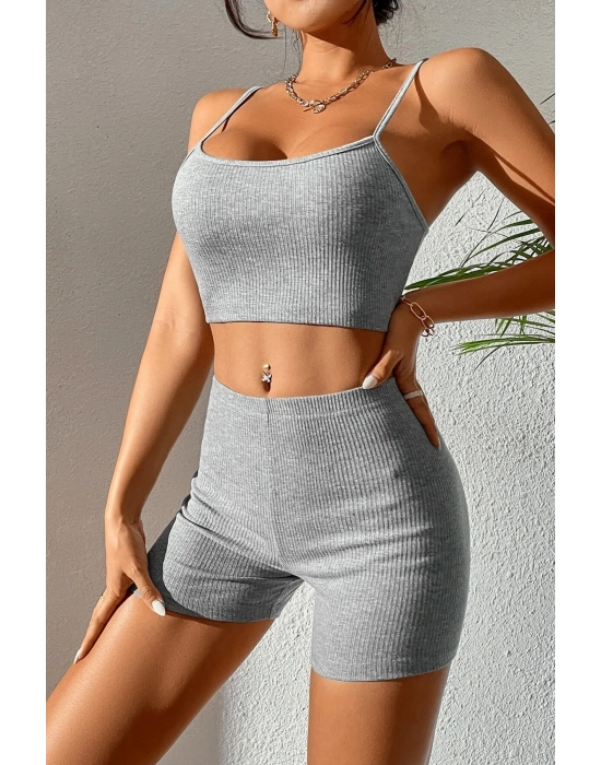 Kadın Gri Melanj Şortlu Kaşkorse Gecelik Takım
