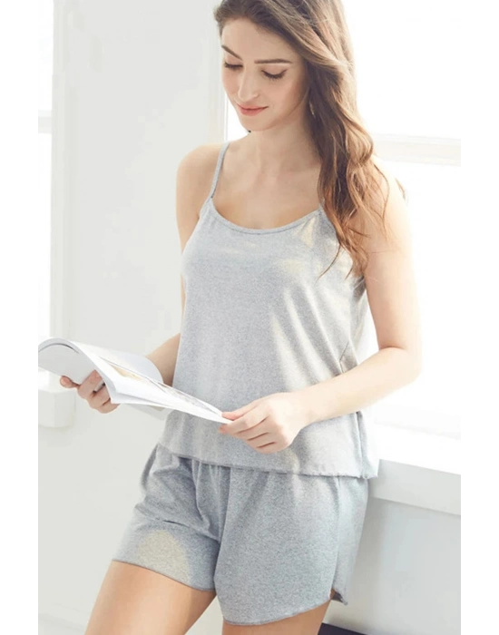 Kadın Gri Şortlu Penye Gecelik Takımı