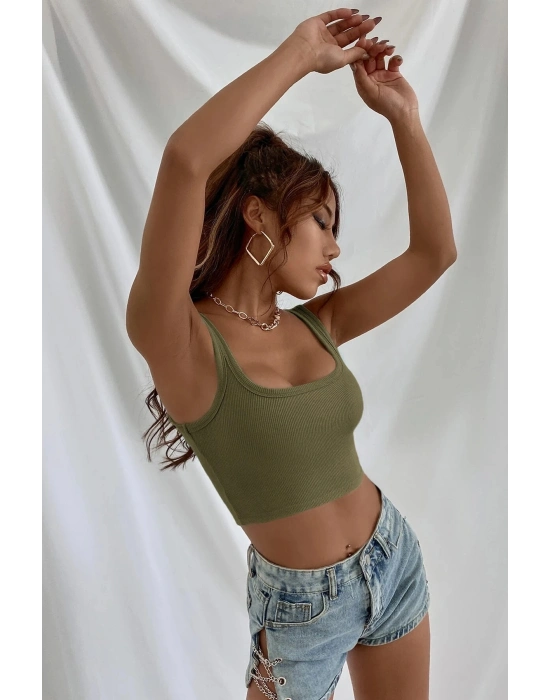 Kadın Haki Yeşili Kalın Askılı Crop Top Büstiyer