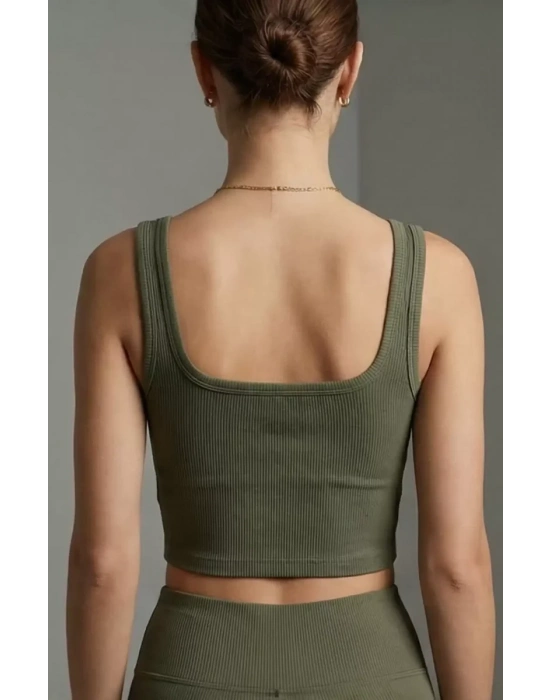 Kadın Haki Yeşili Kalın Askılı Crop Top Büstiyer – Modern ve Şık Tasarım