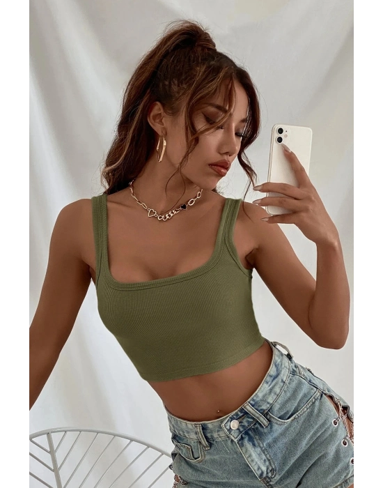 Kadın Haki Yeşili Kalın Askılı Crop Top Büstiyer – Modern ve Şık Tasarım