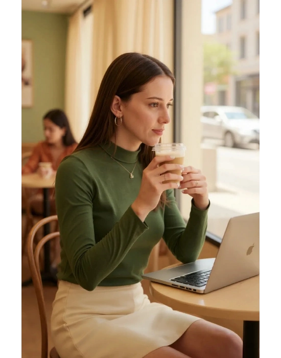 Kadın Haki Yeşili Parmak Detaylı Esnek Uzun Kollu Body