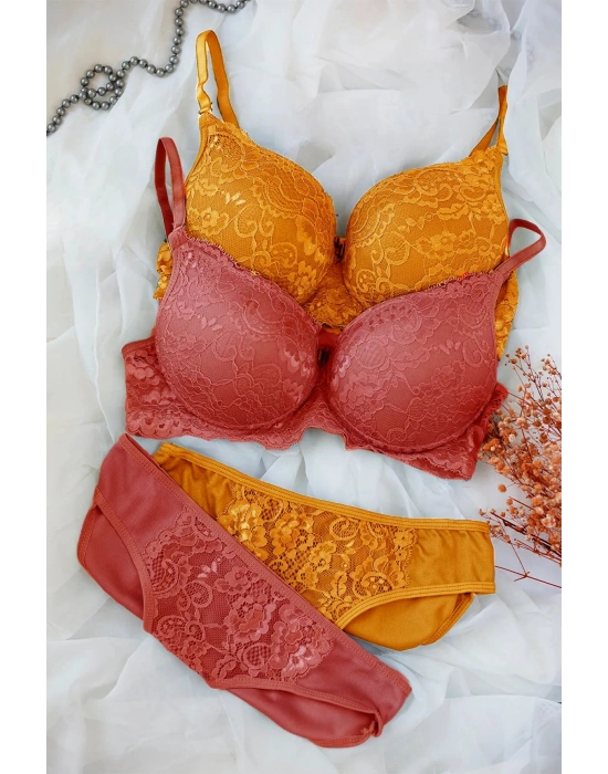 Kadın Hardal Ve Kiremit Rengi Dolgulu Balenli Sütyen Külot 2li Paket