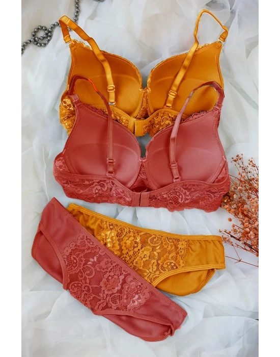 Kadın Hardal Ve Kiremit Rengi Dolgulu Balenli Sütyen Külot 2li Paket