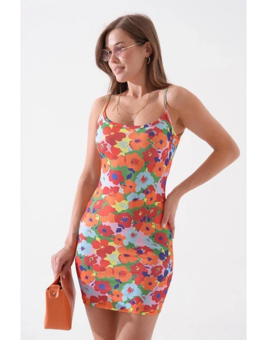 Kadın ince askılı desenli elbise s8105