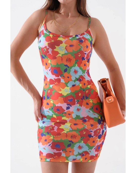 Kadın ince askılı desenli elbise s8105