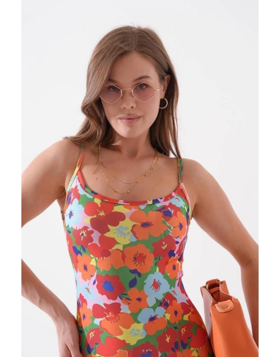 Kadın ince askılı desenli elbise s8105