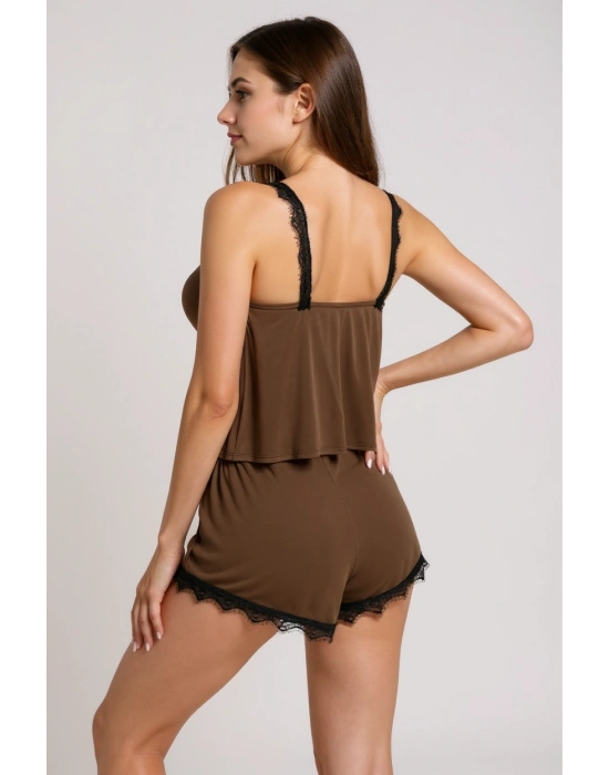 Kadın Kahverengi Dantelli Şortlu Pijama Takımı – Rahat, Şık ve 4 Mevsim Kullanım