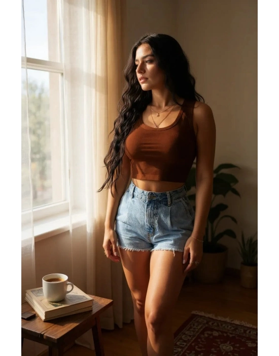 Kadın Kahverengi Kare Yaka Crop Top Bluz – Şık, Rahat ve Kolay Kombinlenebilir