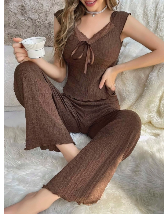 Kadın Kahverengi Kurdela Detaylı Yumuşak Pamuklu Uzun Pijama Takımı 5135