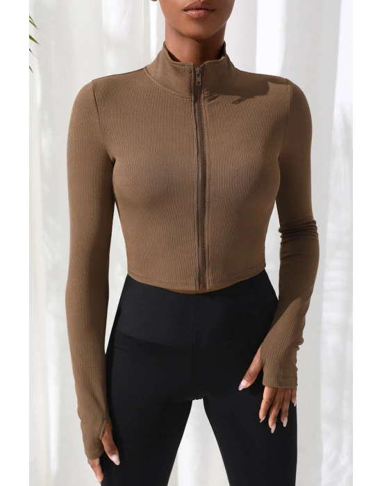 Kadın Kahverengi Uzun Kol Fermuarlı Parmak Geçme Detaylı Dik Yaka Crop Top Bluz – Şık, Rahat ve Kolay Kombinlenebilir