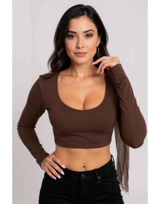 Kadın Kahverengi Uzun Kol Kare Yaka Crop Top Bluz – Şık, Rahat ve Kolay Kombinlenebilir