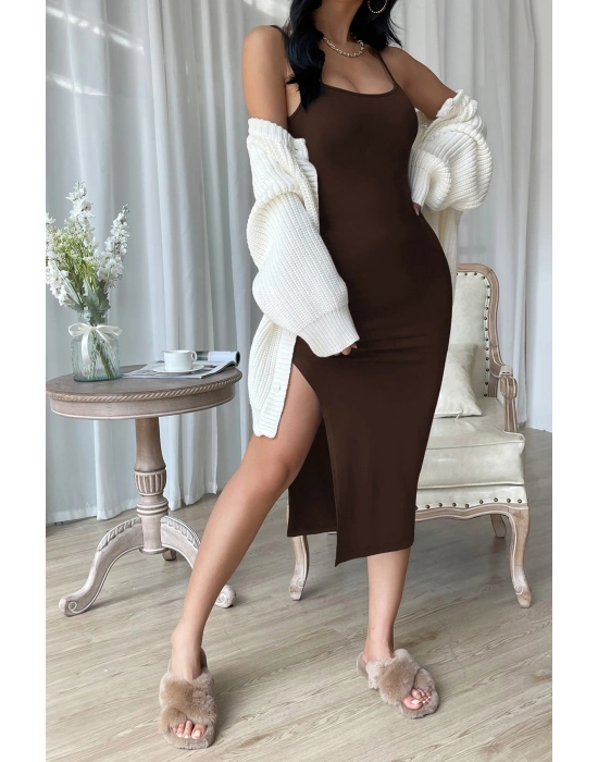 Kadın Kahverengi Yırtmaçlı Diz Altı Vücüdu Saran Gecelik