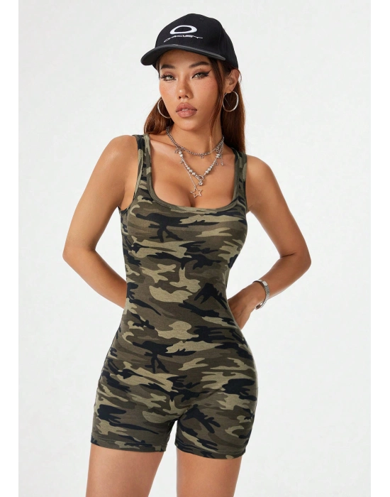 Kadın Kamuflaj Desenli Kalın Askılı Şortlu Tulum Gecelik
