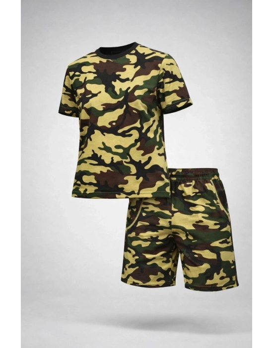 Kadın Kamuflaj Desenli Tişört Şort Takım – Günlük Rahat Kesim Yazlık 2’li Kombin - Kamuflaj
