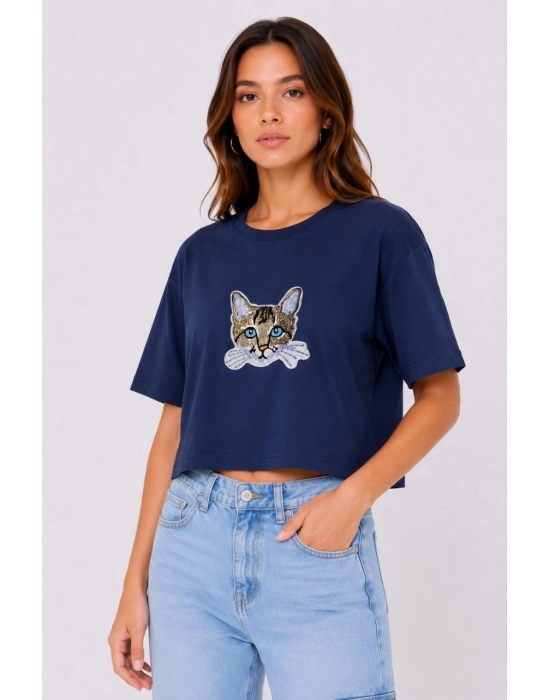 Kadın Kedi Baskılı Oversize Crop Tişört Salaş Basic Yarım Kol T-shirt - Lacivert