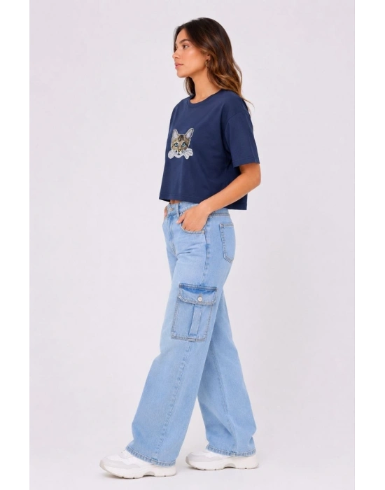 Kadın Kedi Baskılı Oversize Crop Tişört Salaş Basic Yarım Kol T-shirt - Lacivert