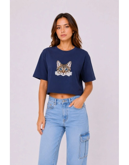 Kadın Kedi Baskılı Oversize Crop Tişört Salaş Basic Yarım Kol T-shirt - Lacivert