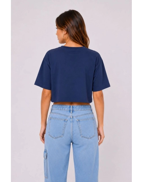 Kadın Kedi Baskılı Oversize Crop Tişört Salaş Basic Yarım Kol T-shirt - Lacivert