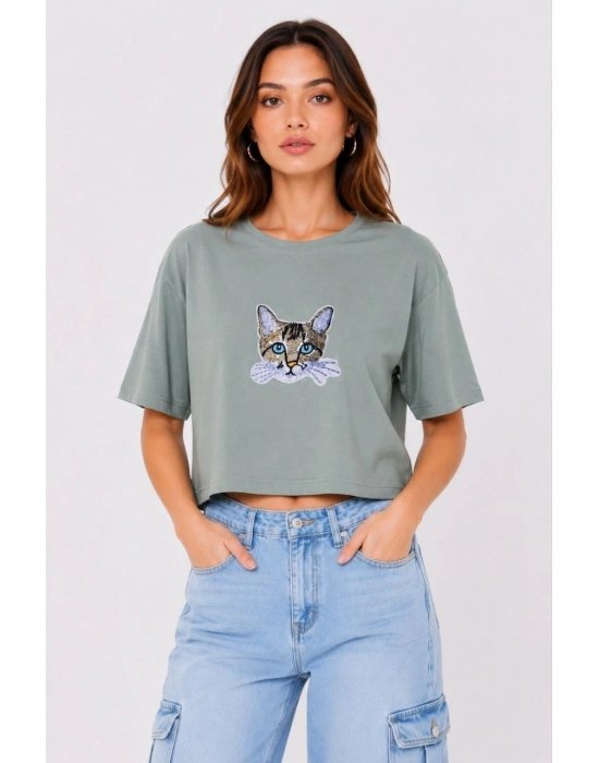 Kadın Kedi Baskılı Oversize Crop Tişört Salaş Basic Yarım Kol T-shirt - Mint Yeşili