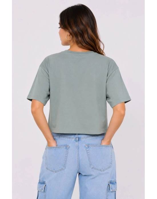 Kadın Kedi Baskılı Oversize Crop Tişört Salaş Basic Yarım Kol T-shirt - Mint Yeşili