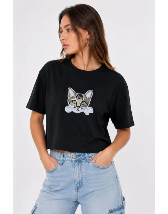 Kadın Kedi Baskılı Oversize Crop Tişört Salaş Basic Yarım Kol T-shirt - Siyah