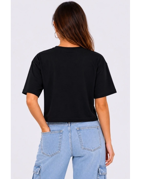 Kadın Kedi Baskılı Oversize Crop Tişört Salaş Basic Yarım Kol T-shirt - Siyah