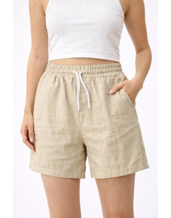 Kadın Keten Kumaş Cepli Rahat Kesim Bel Lastikli Şort - Bej
