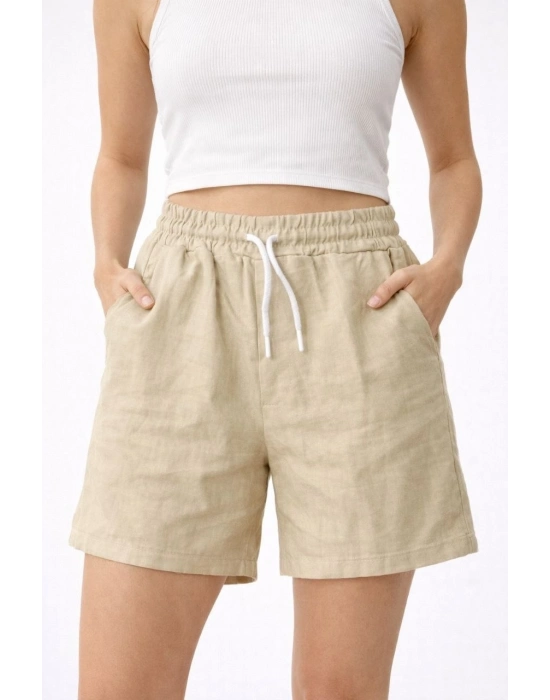 Kadın Keten Kumaş Cepli Rahat Kesim Bel Lastikli Şort - Bej