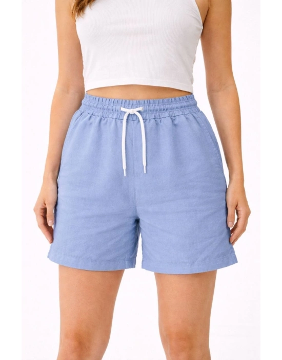 Kadın Keten Kumaş Cepli Rahat Kesim Bel Lastikli Şort - Mavi