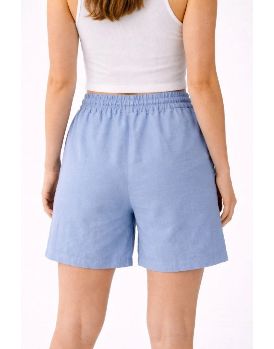 Kadın Keten Kumaş Cepli Rahat Kesim Bel Lastikli Şort - Mavi